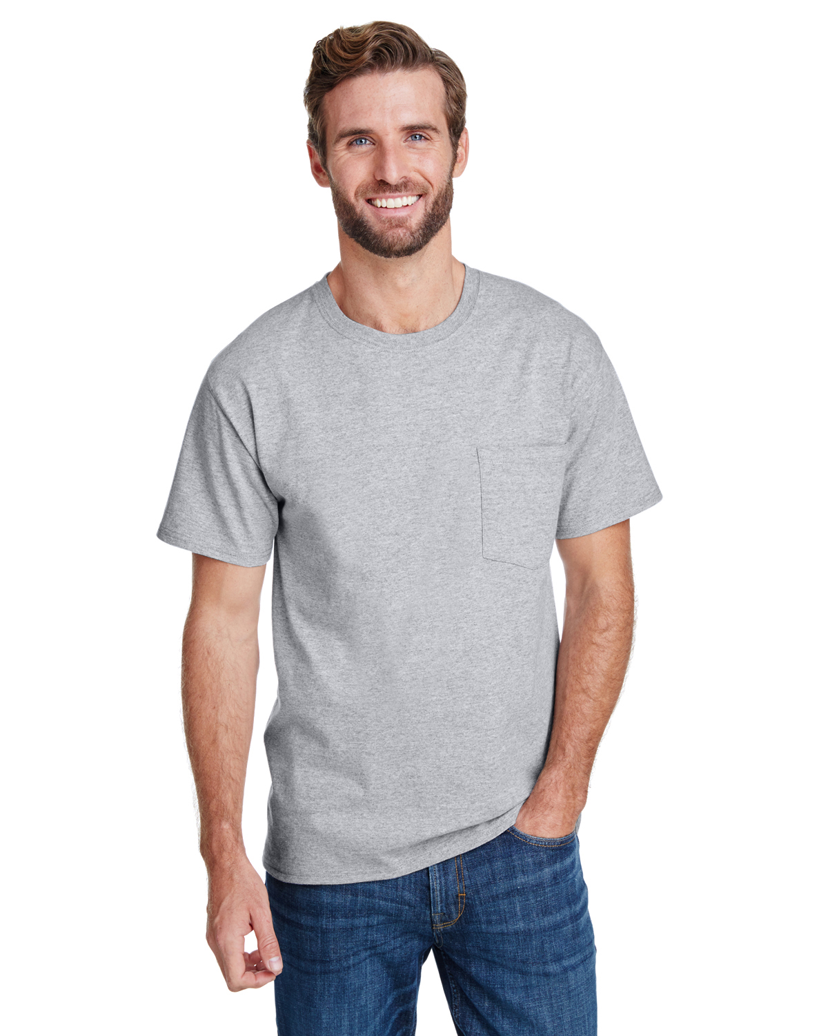 Hanes W110 Adult Workwear Pocket T-Shirt in Light Steel size 2XL | Cotton/Polyester Blend