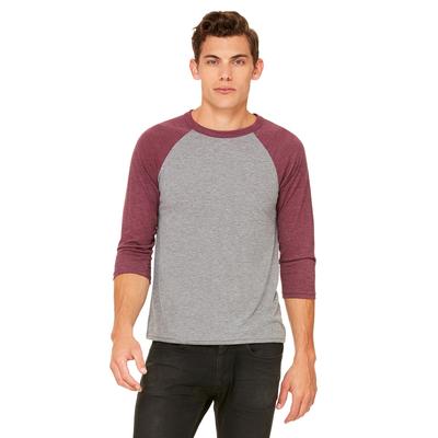 Bella + Canvas 3200 3/4-Sleeve Baseball T-Shirt in Gray/Maroon Triblend size XL B3200, BC3200