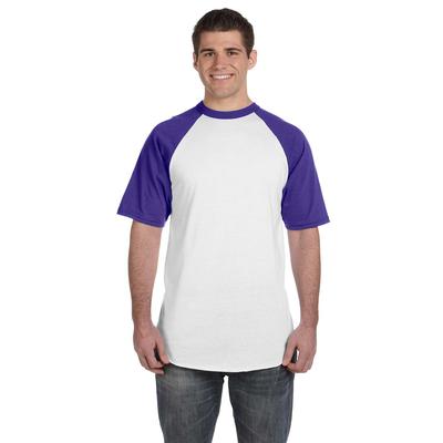 Augusta Sportswear 423 Baseball Short Sleeve Top 2.0 in White/Purple size 2XL | Cotton Polyester