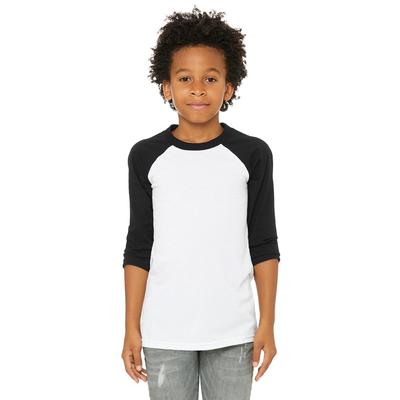 Bella + Canvas 3200Y Youth 3/4-Sleeve Baseball T-Shirt in White/Black size Medium | Cotton/Polyester Blend B3200Y