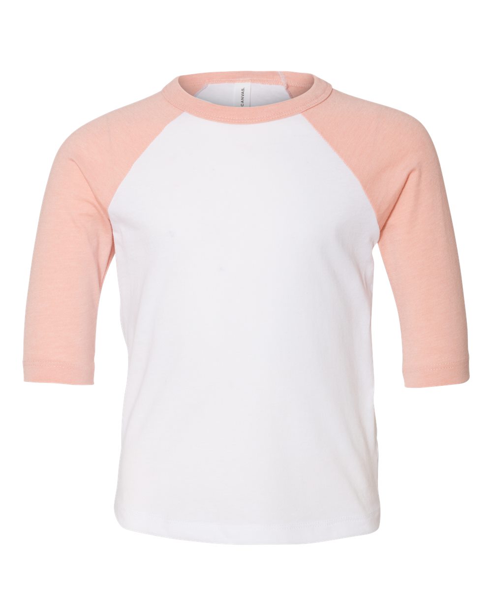 Bella + Canvas 3200T Toddler Three-Quarter Sleeve Baseball Top in White/Heather Peach size 2T | Cotton/Polyester Blend B3200T