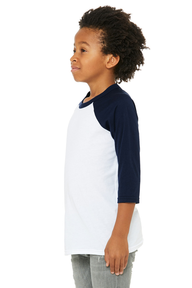 Bella + Canvas 3200Y Youth Three-Quarter Sleeve Baseball Top in White/Navy Blue size Small | Cotton/Polyester Blend B3200Y