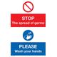 Schild „Stop Germs Please Wash Your Hands“, Kunststoff, halbstarr, 1 mm