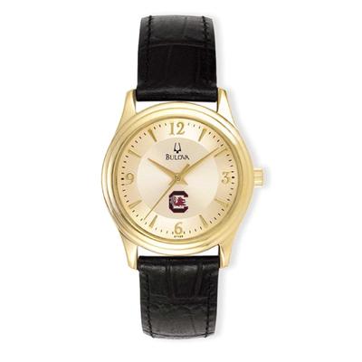 "South Carolina Gamecocks Women's Gold/Black Stainless Steel Leather Band Watch"