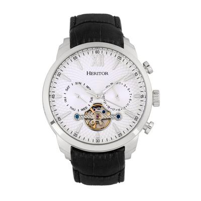 "Heritor Watches Automatic Arthur Semi-Skeleton Leather-Band Watch w/ Day-Date Silver One Size"
