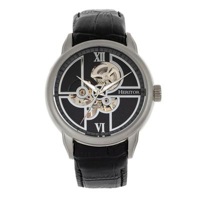 "Heritor Watches Automatic Sanford Semi-Skeleton Leather-Band Watch Silver/Black One Size"