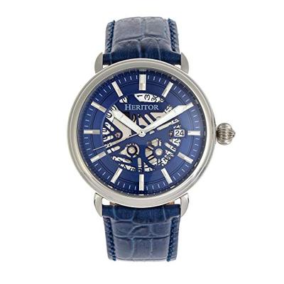 Heritor Mattias Automatic Semi Skeleton Dial Blue Leather Silver Men's Watch with Date Indicator HR8