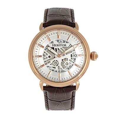 Heritor Mattias Automatic Semi Skeleton Dial Brown Leather Rose Gold Men's Watch with Date Indicator