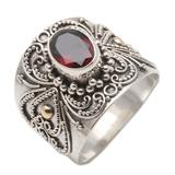 Oval Crimson Glow,'Balinese Silver and Oval Garnet Ring with Gold Accents'