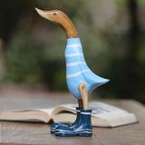 World Menagerie Wicken Swimming Duck Wood & Bamboo Root Sculpture Wood in Blue/Brown | 15.75 H x 6.25 W x 5.5 D in | Wayfair