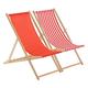 Harbour Housewares 2 Piece Red & Red Stripe Wooden Deck Chair Traditional FSC Wood Folding Adjustable Garden/Beach Sun Lounger Recliner