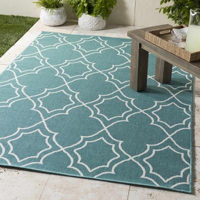 Folsom 7'3" Square Cottage Teal/White Outdoor Area Rug - Boutique Rugs