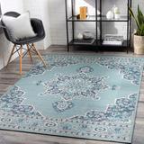 Orla 7'3" Round Traditional Teal/White/Navy/Pale Blue Outdoor Area Rug - Hauteloom