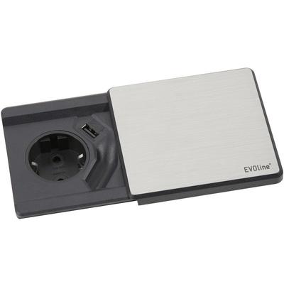 Square 80 Schuko Steckdose mit USB-Charger und Schiebedeckel, Edelstahl - Evoline