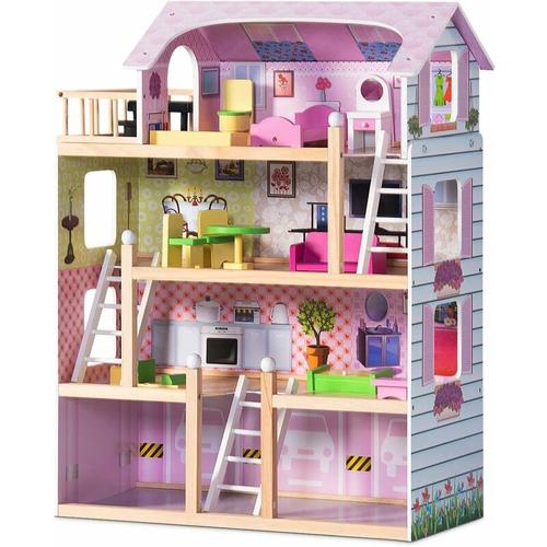 Costway - Puppenhaus Holz Puppenstube Puppenvilla Barbiehaus Spielzeughaus mit Moebel 81 x 60,5 x