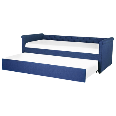 Tagesbett Ausziehbett Blau 80 x 200 cm Ausziehbar Polsterbezug Leinenoptik Mit Lattenrost Knopfverzierung Praktisch Mode