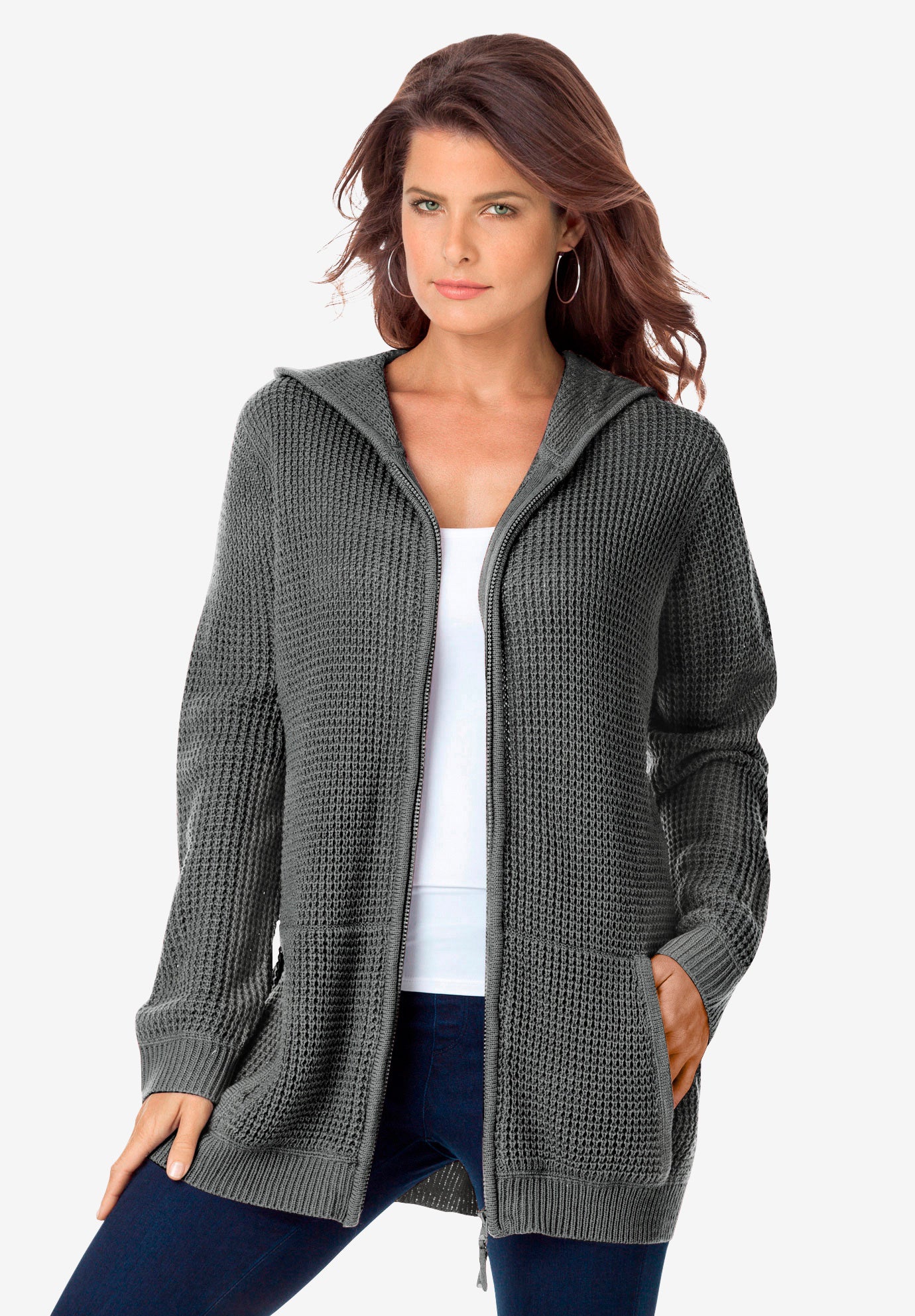Plus Size Women's Plus Size Waffle Knit Zip Hoodie by Roaman's in Medium Heather Grey (Size 2X) Zip Up Sweater