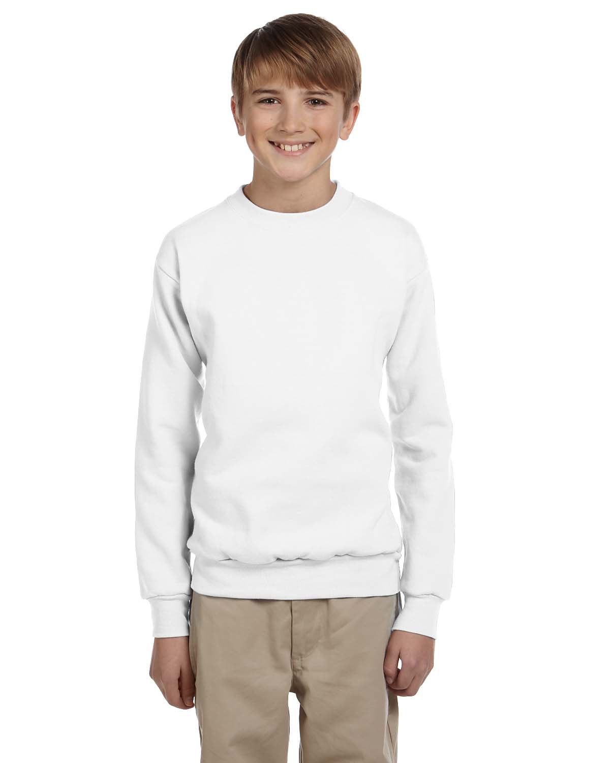 Hanes P360 Youth EcoSmart Crewneck Sweatshirt in White size Large | Cotton Polyester