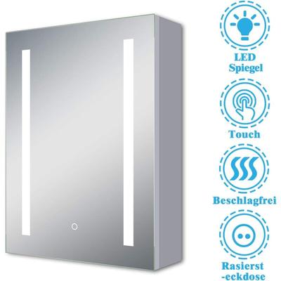 Aica Sanitaire - led Spiegelschrank mit Steckdose 50x70 cm Touch Beschlagfrei Aluminum Softclose