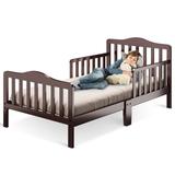 Costway Classic Design Kids Wood Toddler Bed Frame with Two Side Safety Guardrails-Brown