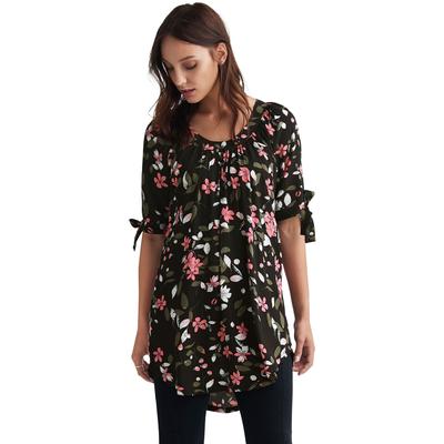 Plus Size Women's Tie-Sleeve Scoop Neck Tunic by ellos in Black Floral Print (Size 22)