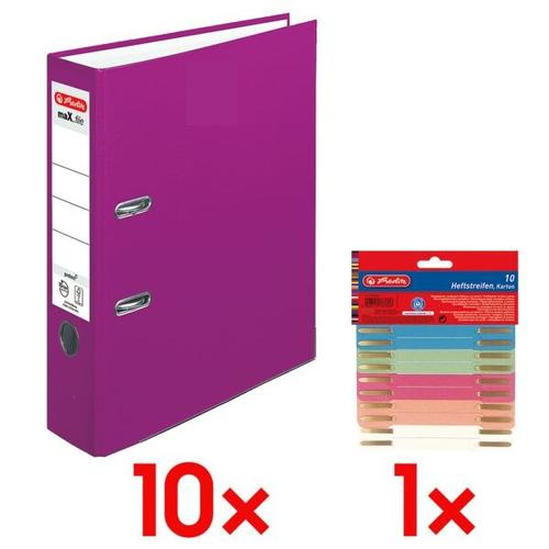 10x Ordner »maX.file protect« breit inkl. 10er-Pack Heftstreifen »Recycling« lila, Herlitz, 8×31.8×28.5 cm