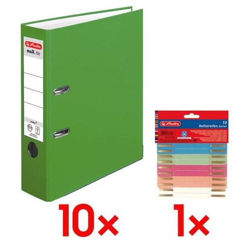 10x Ordner »maX.file protect« breit inkl. 10er-Pack Heftstreifen »Recycling« grün, Herlitz, 8×31.8×28.5 cm