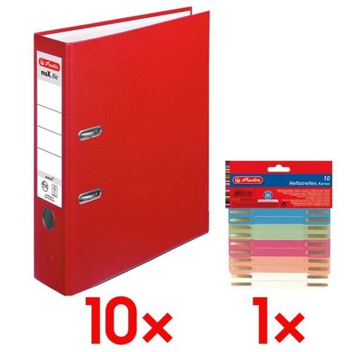 10x Ordner »maX.file protect« breit inkl. 10er-Pack Heftstreifen »Recycling« rot, Herlitz, 8×31.8×28.5 cm