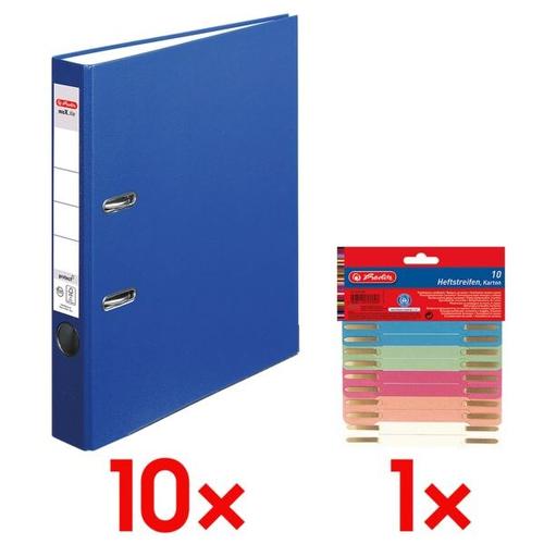 10x Ordner »maX.file protect« schmal inkl. 10er-Pack Heftstreifen »Recycling« blau, Herlitz, 5×31.8×28.5 cm