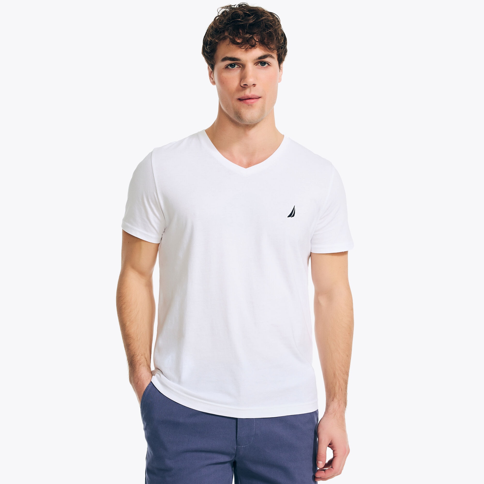 Nautica Men's V-Neck Deck T-Shirt 101 (Bright White), S