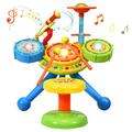 COSTWAY 2-in-1 Toddler Drum Set, Electronic Toy Drum Kit with Music and Songs, Microphone, Drumsticks and Stool, Flash Lights Educational Puzzle Musical Instrument for Kids