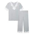 Amorbella Womens Super Soft Pyjamas/PJs Set Short Sleeve Capri Pants V-Neck Lace Jersey Knit Bamboo Sleepwear for Night Sweats (Grey, Medium)