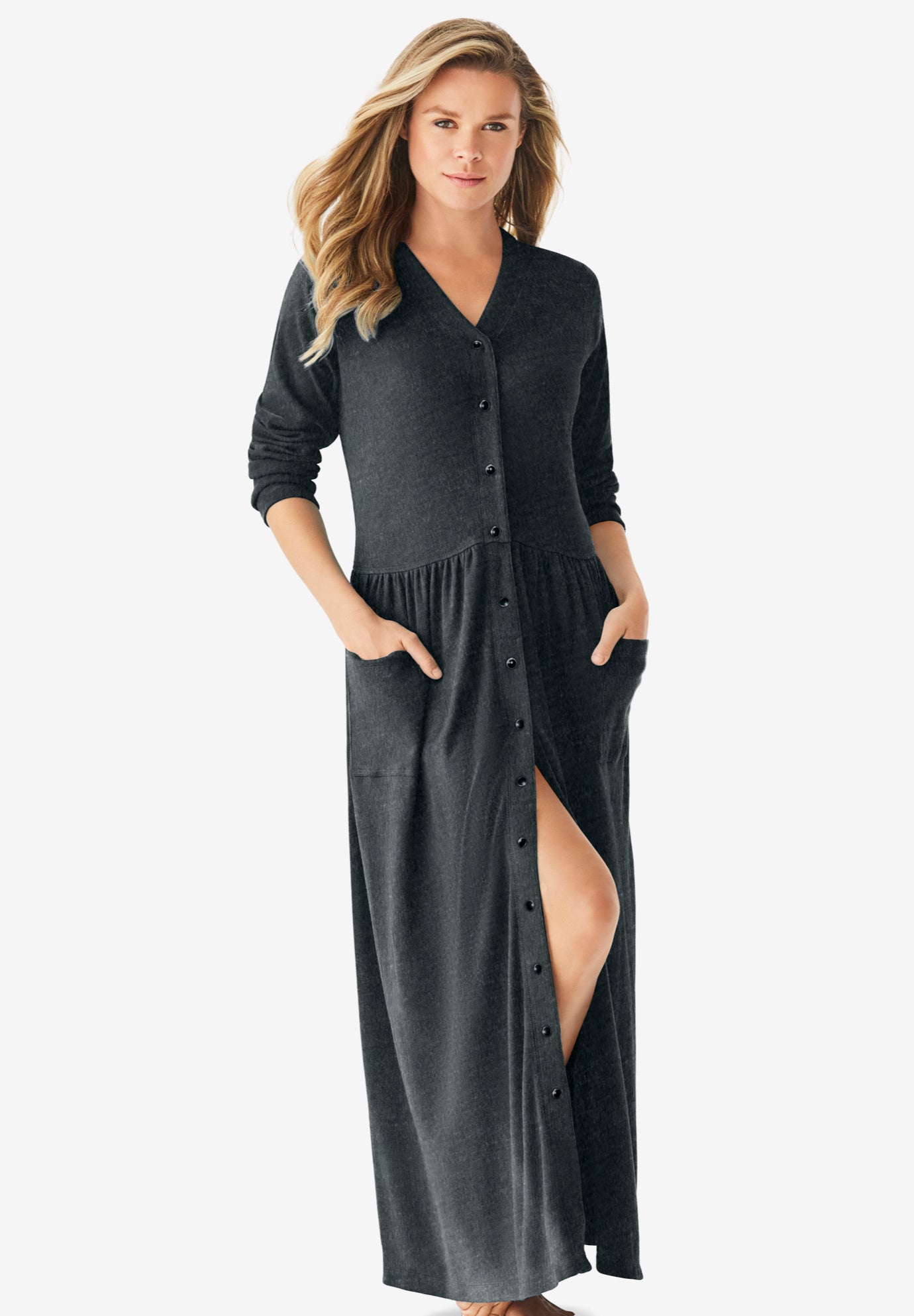 Plus Size Women's Long Snap-Front Knit Lounger by Only Necessities in Heather Charcoal (Size 1X)