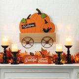 The Holiday Aisle® Wainfleet Pumpkin Cart Welcome Sign Garden Stake Metal in Orange | 26.38 H x 18.31 W x 1.65 D in | Wayfair
