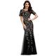 Ever-Pretty Women's Short Sleeve Scoop Neckline Emboried Sequin Mermaid Elegant Maxi Wedding Guest Dresses Black Gold 22UK