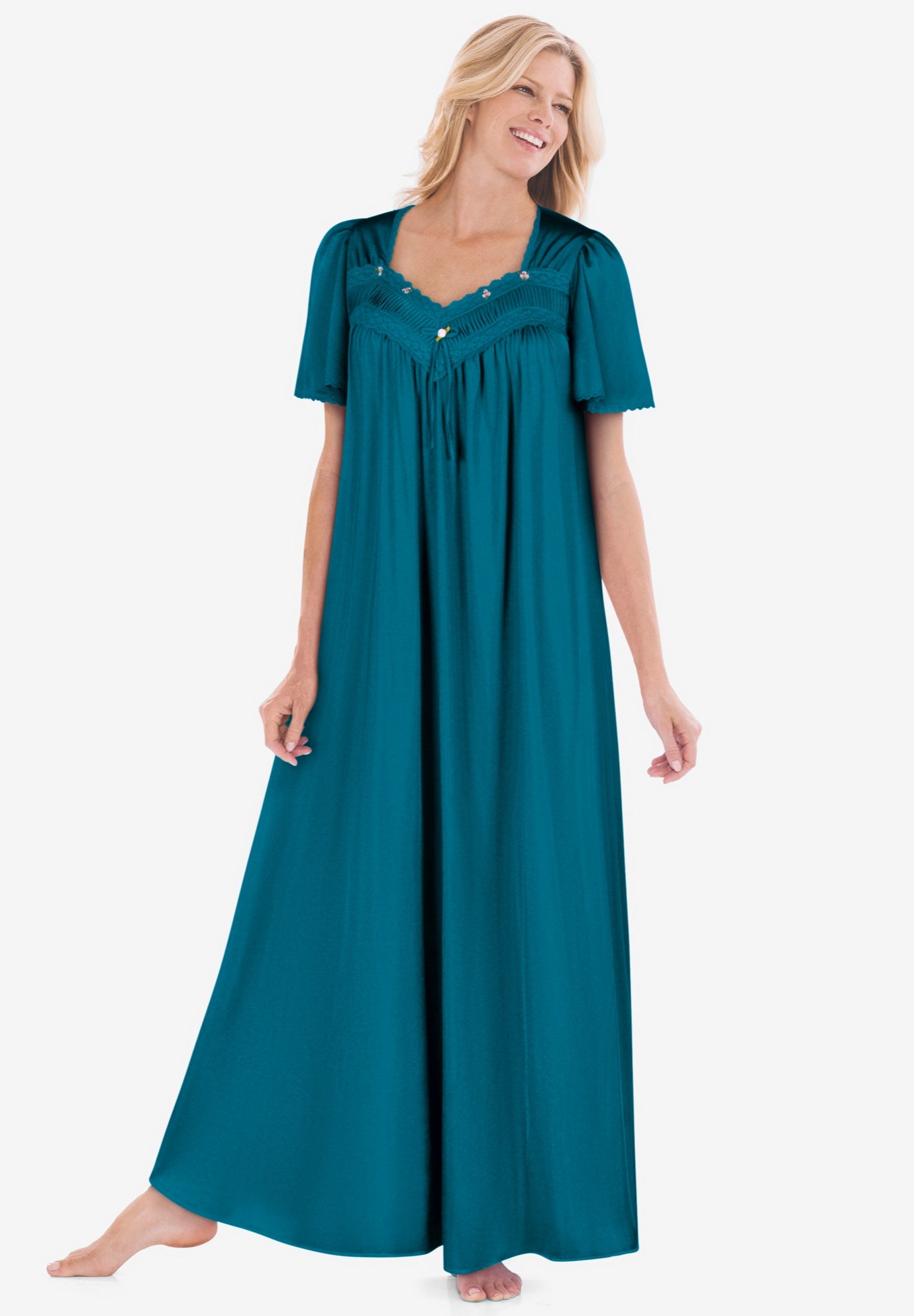 Plus Size Women's Long Silky Lace-Trim Gown by Only Necessities in Deep Teal (Size 1X) Pajamas