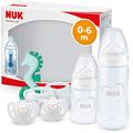 NUK First Choice+ Neugeborene Babyflaschen-Set | 0–6 Monate | 2 x First Choice+ Babyflaschen, 2 x Genius Silikon-Schnuller & Beißring | Anti-Colic-Ventil | BPA-frei | Herz (neutral) | 5 Stück