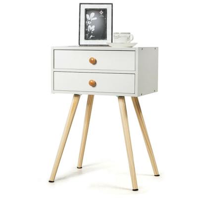 Costway Mid Century Modern 2 Drawers Nightstand in Natural-White