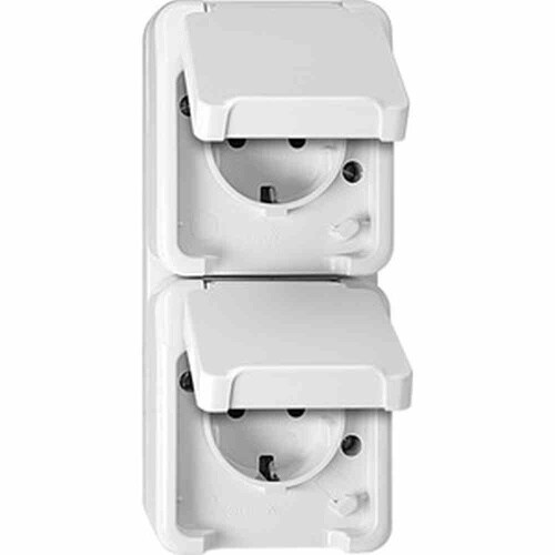 Merten AQUASTAR Steckdose, 2f, polarweiß, matt, Aufputz, mit erhöhtem Berührungsschutz, horizontal/vertikal, mit Klappdeckel, IP44, Komplettgehäuse Image