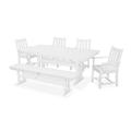 POLYWOOD® Traditional Garden Arm Chair 6-Piece Farmhouse Outdoor Dining Set w/ Trestle Legs & Bench Plastic in White | Wayfair PWS431-1-WH