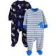 Simple Joys by Carter's Baby Jungen Schlaf- und Spielanzug aus Fleece mit Füßen, 2er-Pack, Blau Dinosaurier/Grau Streifen, 0 Monate