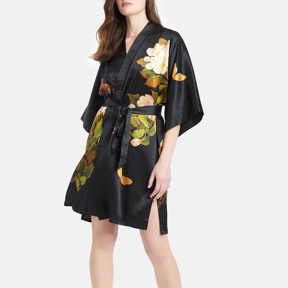 KIM+ONO Kimono Robe | Washable Silk Peony & Butterfly Short Kimono Robe | Washable Silk | Black | Short