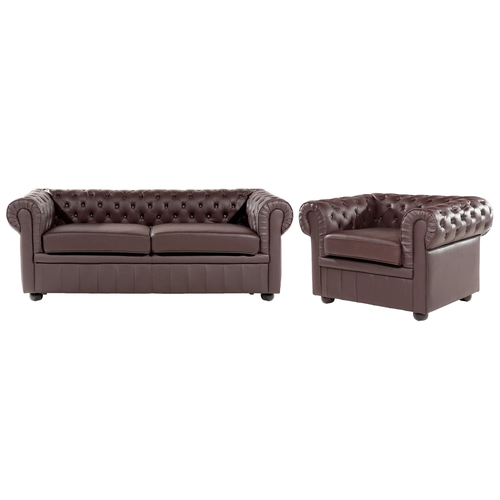 Sofa und Sessel Braun Echtleder 4-Sitzer Set Chesterfield Stil Glamourös Wohnzimmer