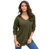 Plus Size Women's Fine Gauge Drop Needle V-Neck Sweater by Roaman's in Dark Olive Green (Size 3X)