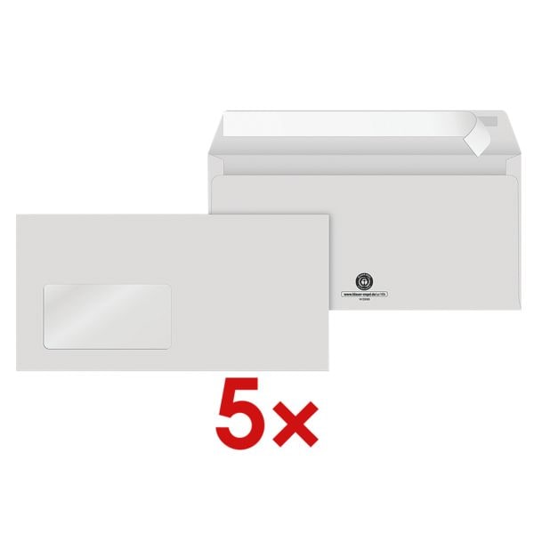 Steinmetz 5x 15er-Pack Recycling Briefumschläge »DL - mit Fenster« - Hülle in Hülle, 22x11 cm