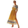 X&Armanis Bohemian Dress, Openwork lace V-Neck Dress Printed Short-Sleeved Dress National Wind,Yellow,L