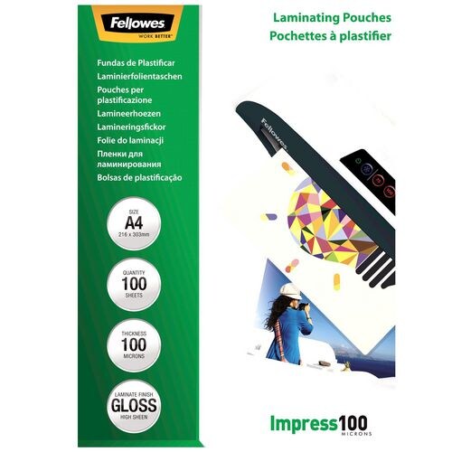 Fellowes Impress Laminierfolien DIN A4 Glänzend 100 Mikron (2 x 100) Transparent 100 Stück Image