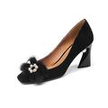 Fashion Heel Suede Leather Women's Square Toe Chunky Heels Vintage Floral Handmade Dress Pump Shoes with Fur Pearl, Black, 4.5 UK