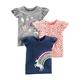 Simple Joys by Carter's Baby Mädchen Short-Sleeve and Tops, Pack of 3 Fashion-t-Shirts, Grau Regenbogen/Hellorange Muster Mix/Marineblau Einhorn, 2 Jahre (3er Pack)