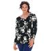 Plus Size Women's Long-Sleeve V-Neck Ultimate Tee by Roaman's in Black Ivory Floral (Size 26/28) Shirt